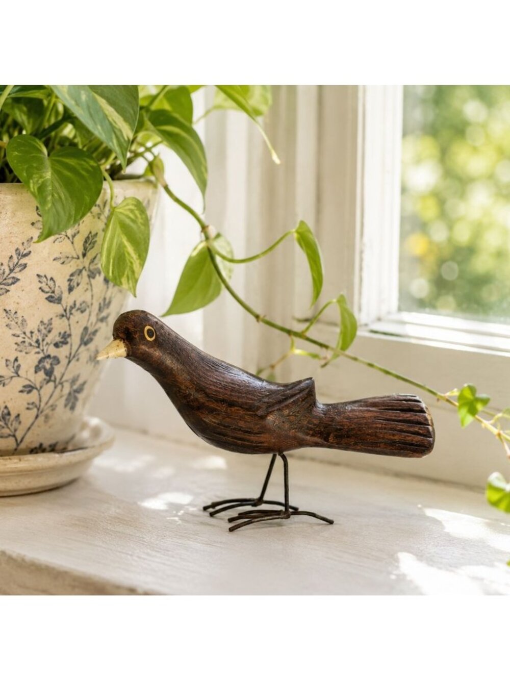 Vintage Hand Carved Wooden Bird Figurine with Metal Legs – Folk Art Rustic Decor